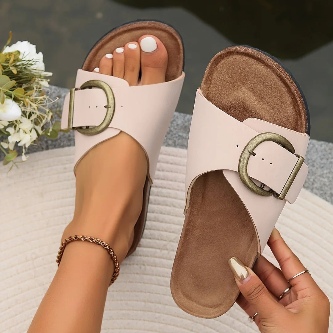Evangeline™ | Cork-Sole Buckle Slide Sandals