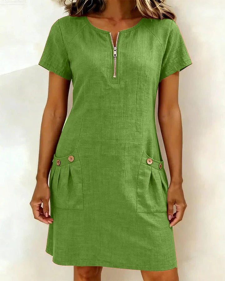 Ella™ | Short Sleeve A-Line Round Neck Zip Pocket Dress