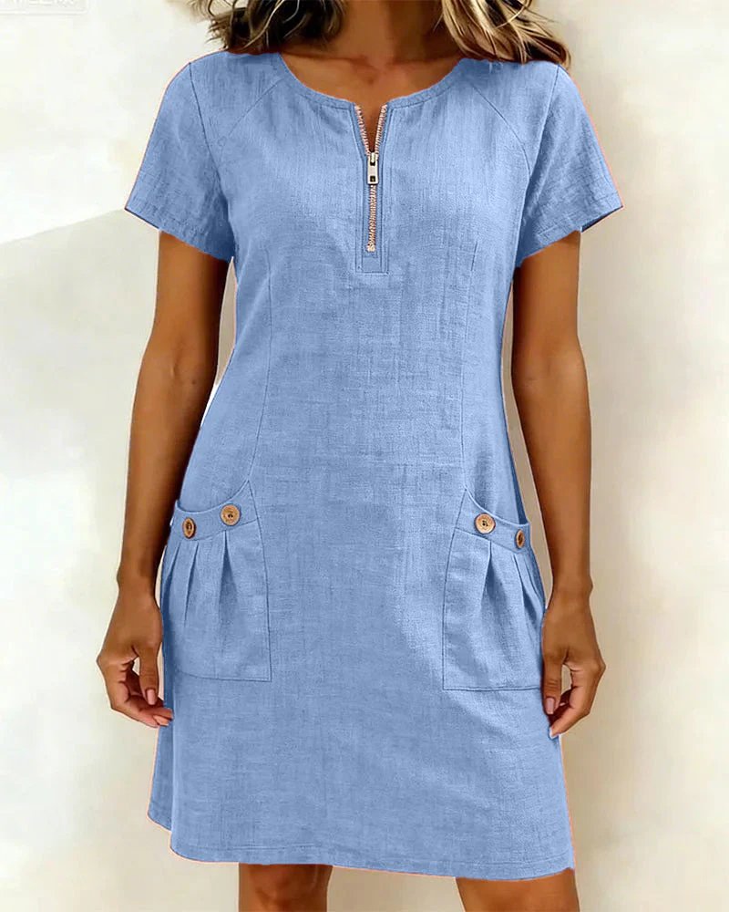 Ella™ | Short Sleeve A-Line Round Neck Zip Pocket Dress