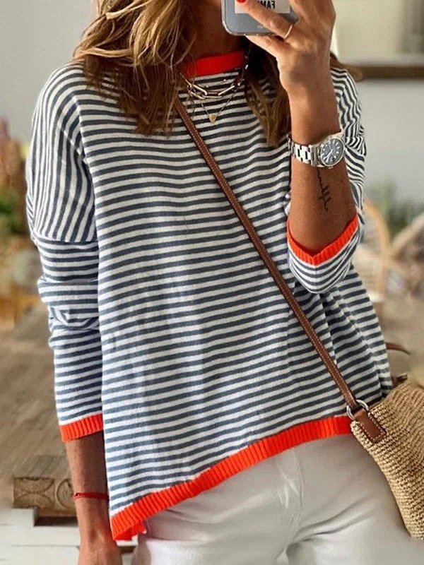 Emily™ | Ribbed Trim Striped Long Sleeve Pullover