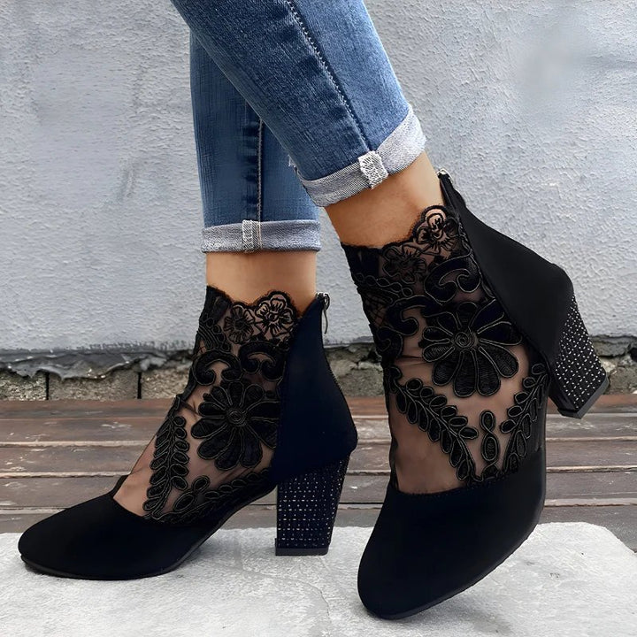 Charlotte™ | Embroidered Mesh Block Heel Ankle Boots