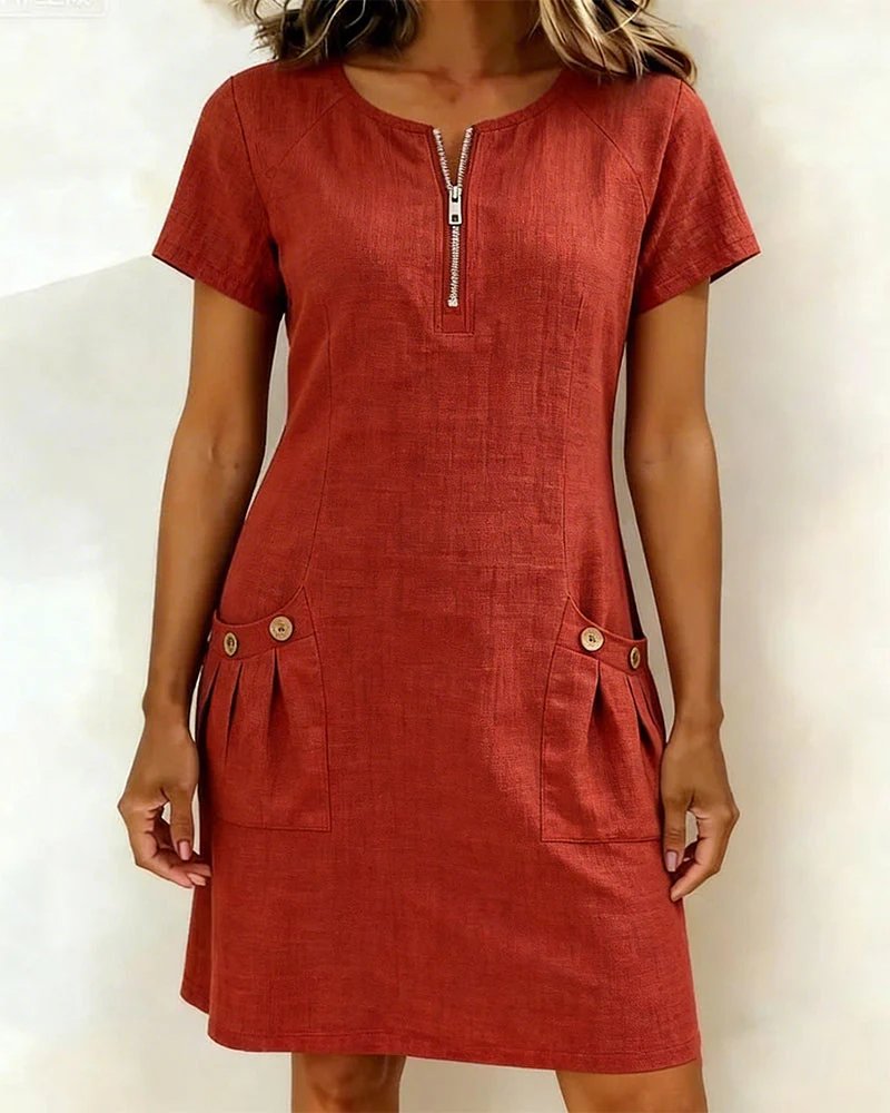 Ella™ | Short Sleeve A-Line Round Neck Zip Pocket Dress