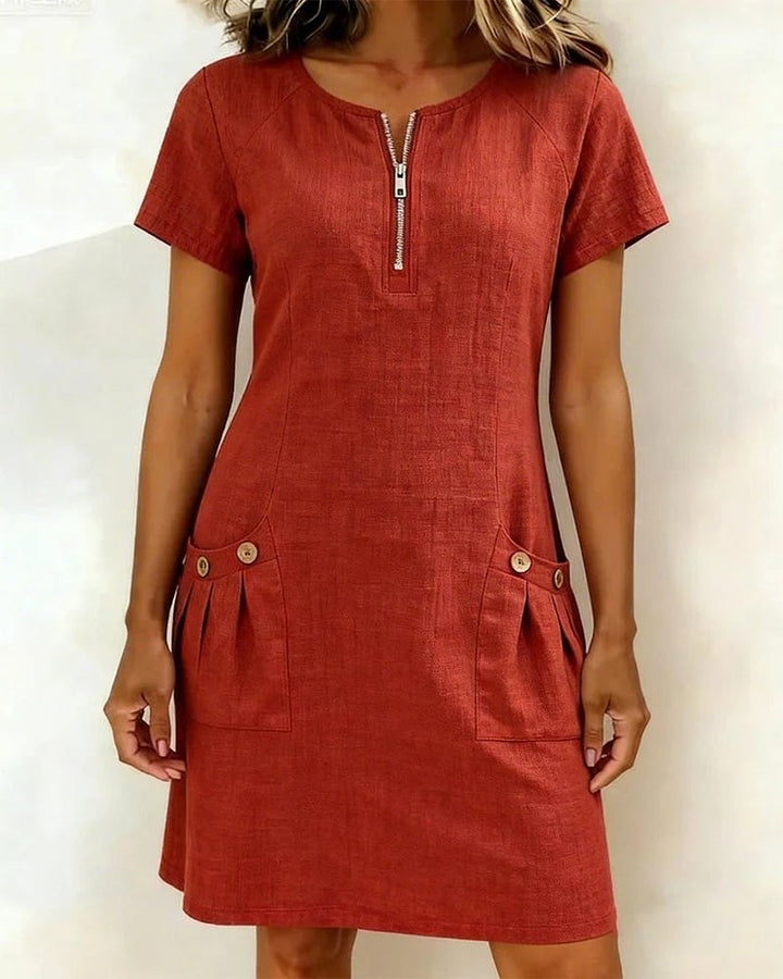 Ella™ | Short Sleeve A-Line Round Neck Zip Pocket Dress