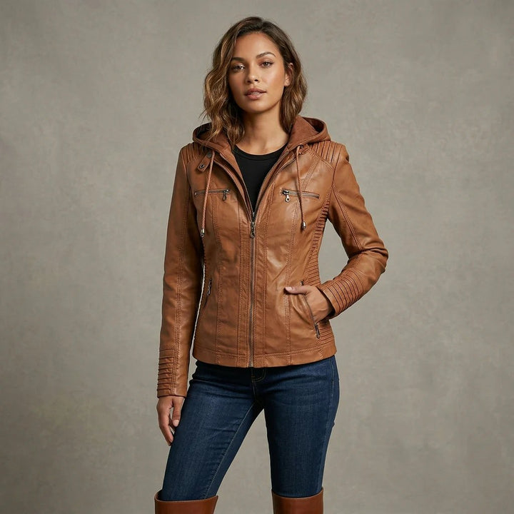 Elora™ | Hooded Vegan Leather Zip-Front Moto Jacket