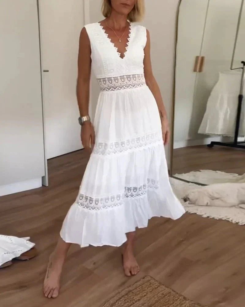 Athena™ | Elegant V-Neck Lace Inset Maxi Dress
