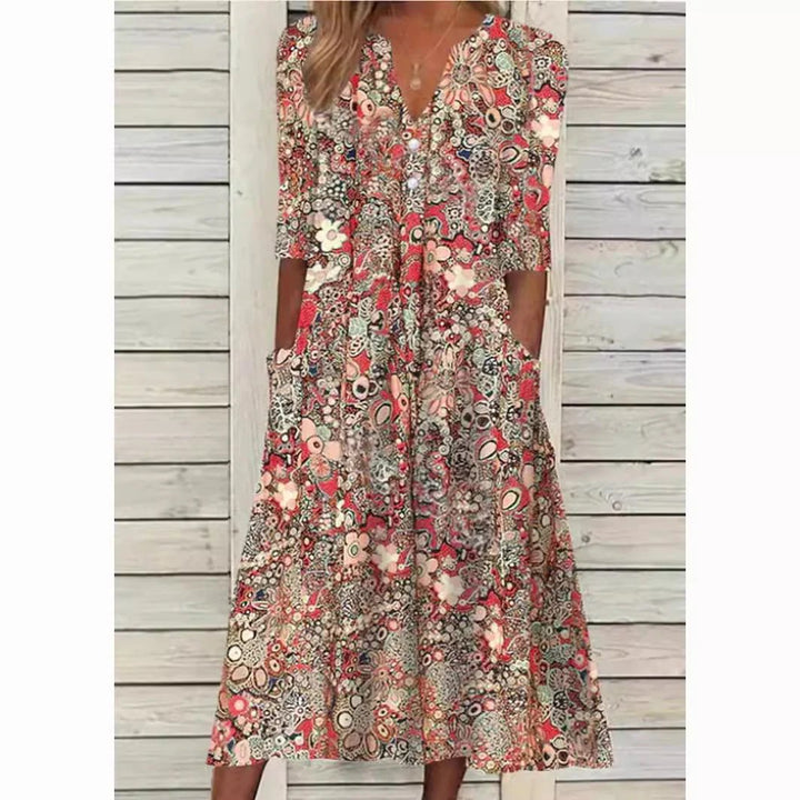Abigail™ | V-Neck Print Midi Dress with Pockets