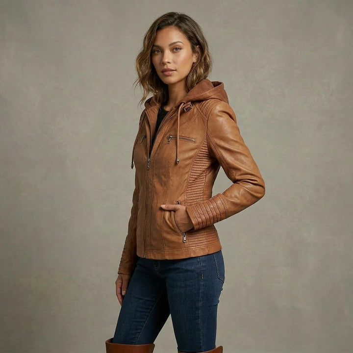 Elora™ | Hooded Vegan Leather Zip-Front Moto Jacket