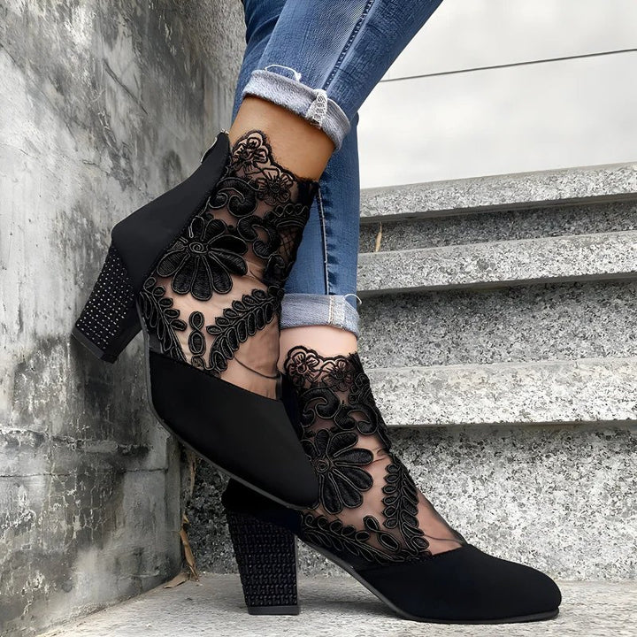 Charlotte™ | Embroidered Mesh Block Heel Ankle Boots