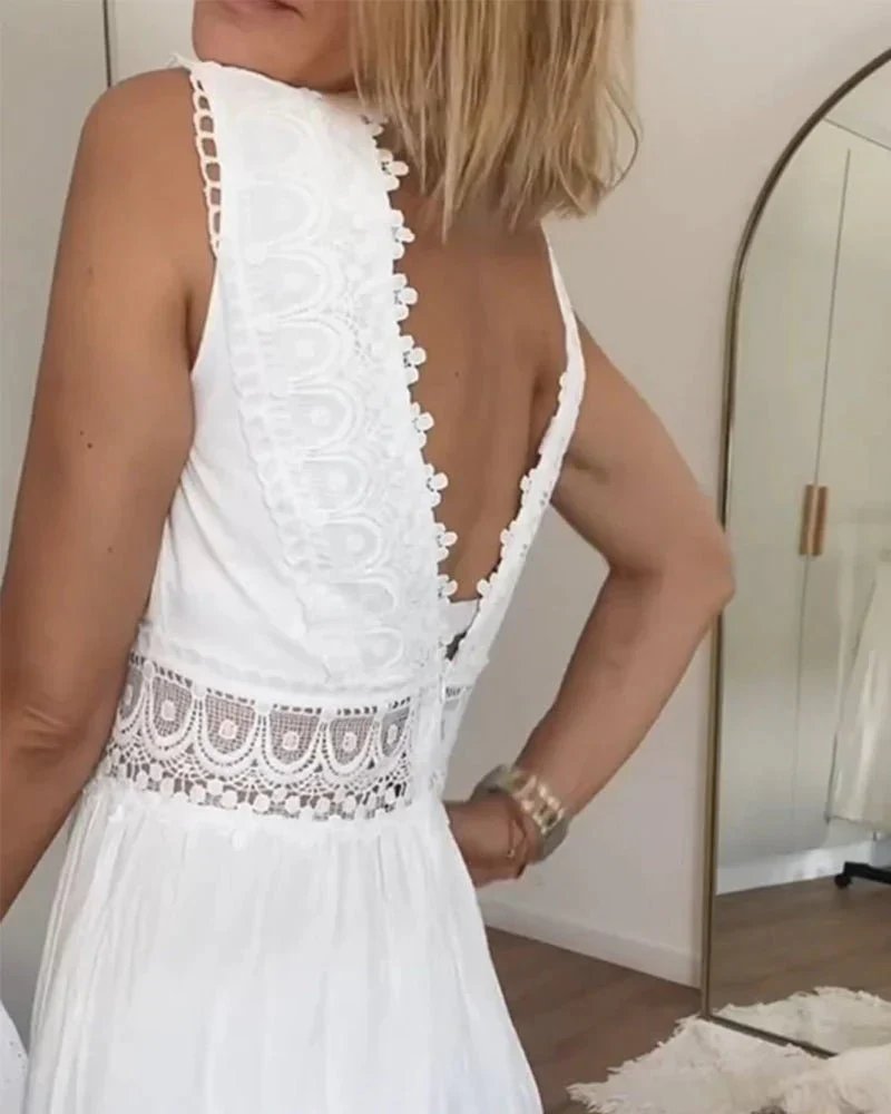 Athena™ | Elegant V-Neck Lace Inset Maxi Dress