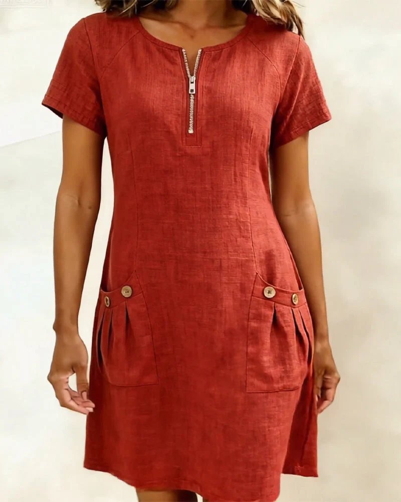 Ella™ | Short Sleeve A-Line Round Neck Zip Pocket Dress