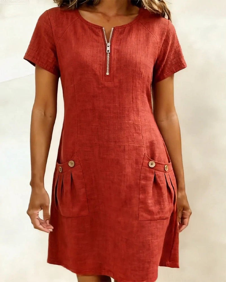 Ella™ | Short Sleeve A-Line Round Neck Zip Pocket Dress