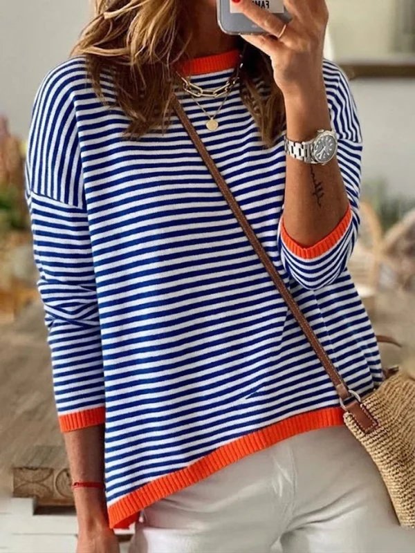 Emily™ | Ribbed Trim Striped Long Sleeve Pullover