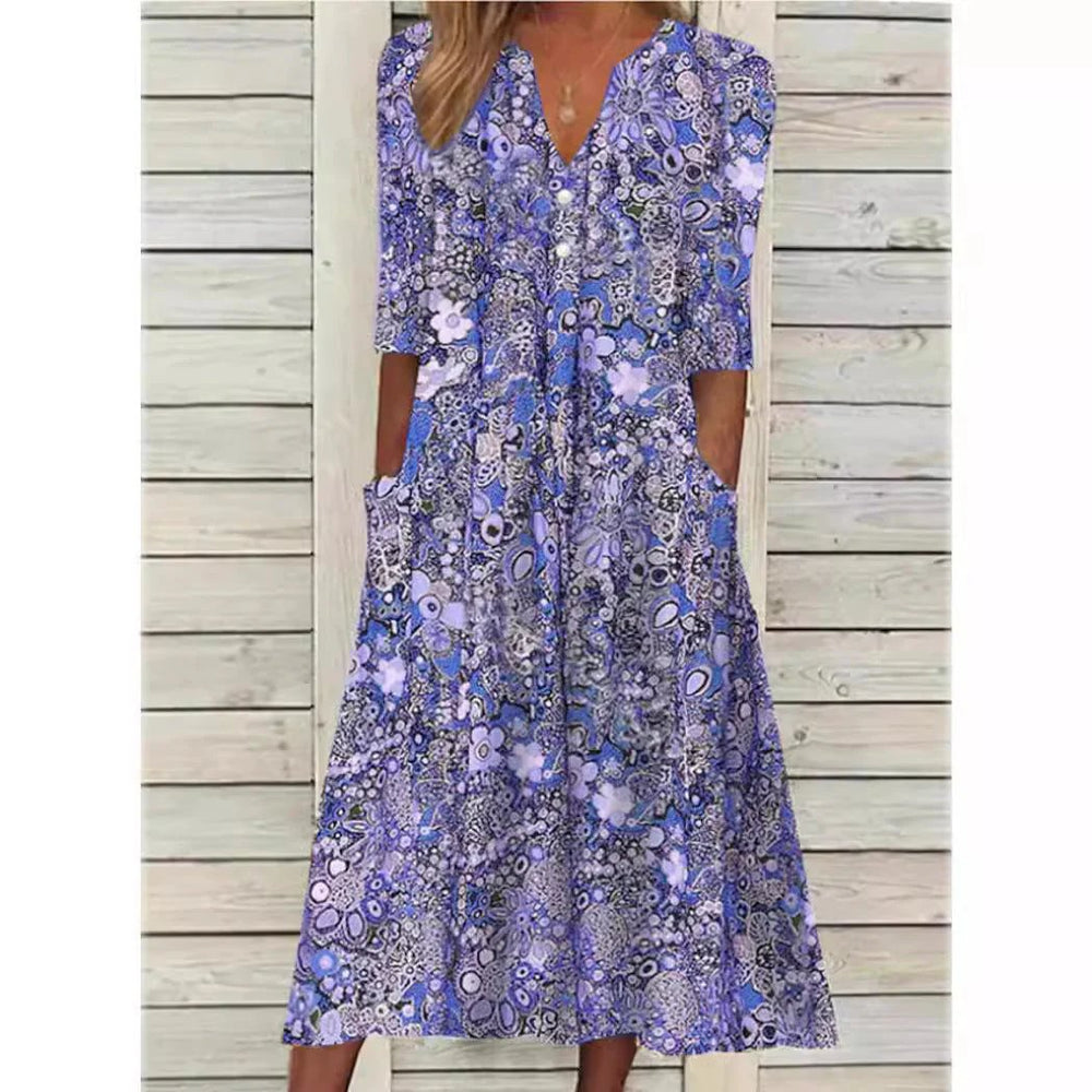 Abigail™ | V-Neck Print Midi Dress with Pockets