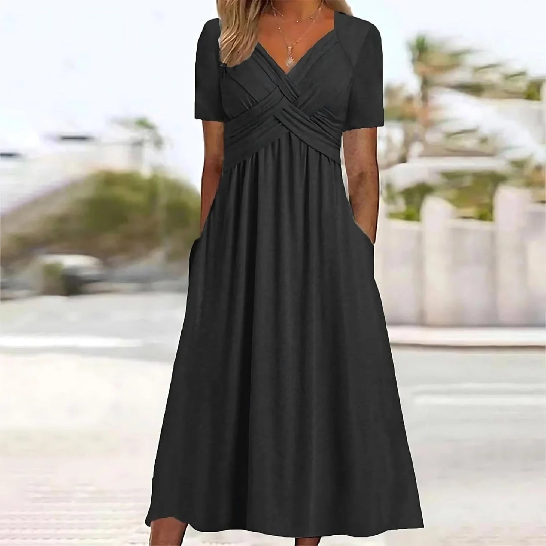 Cassidy™ | Cross-Front V-Neck A-Line Midi Dress