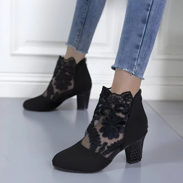 Charlotte™ | Embroidered Mesh Block Heel Ankle Boots
