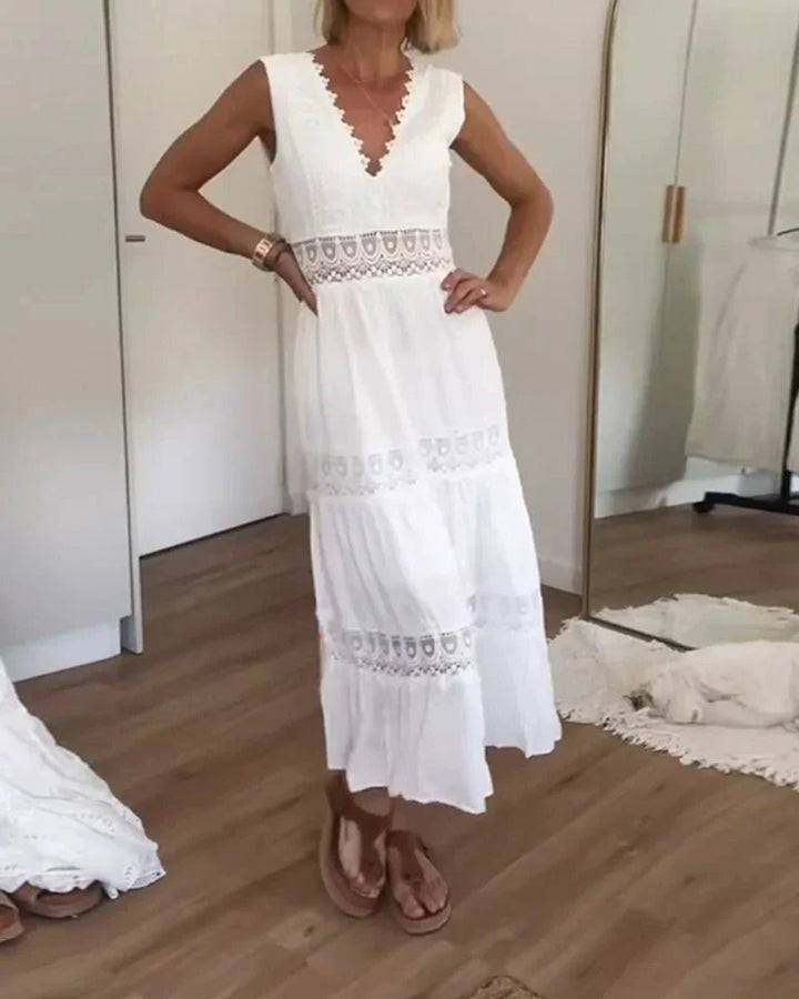 Athena™ | Elegant V-Neck Lace Inset Maxi Dress
