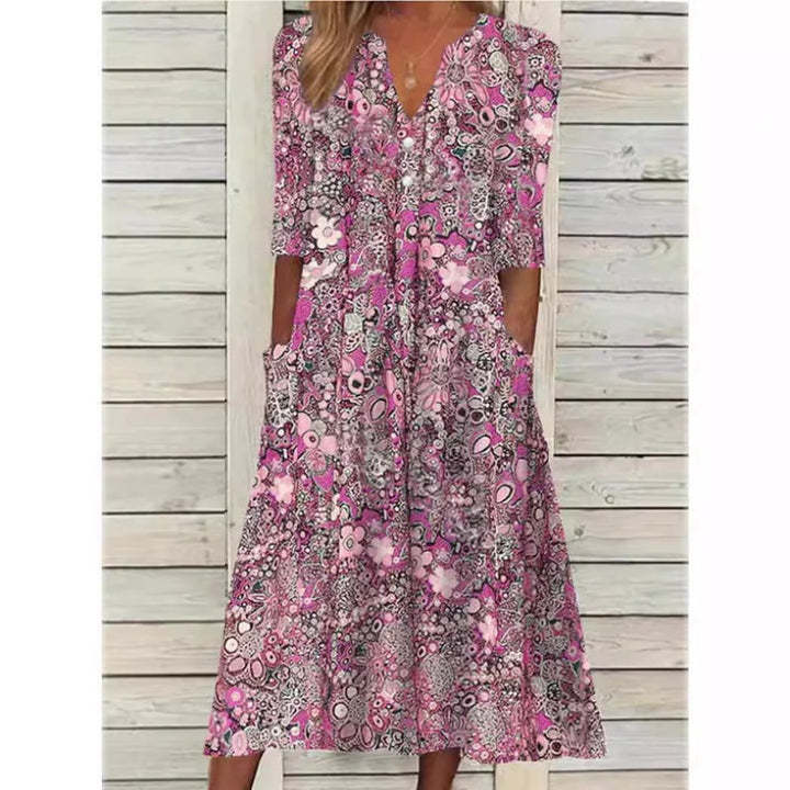 Abigail™ | V-Neck Print Midi Dress with Pockets
