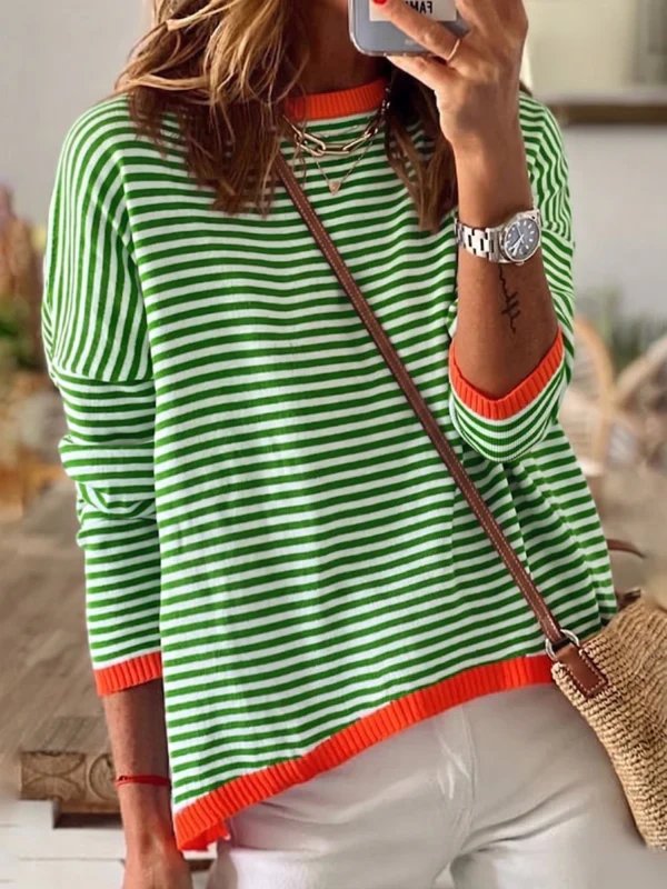 Emily™ | Ribbed Trim Striped Long Sleeve Pullover