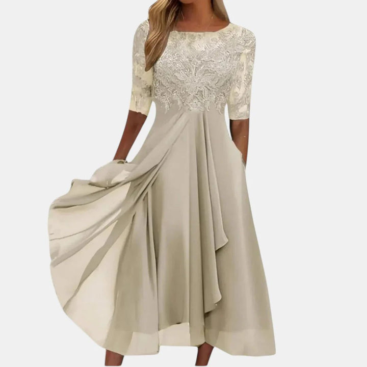 Isabella™ | Structured Lace Overlay Midi Dress