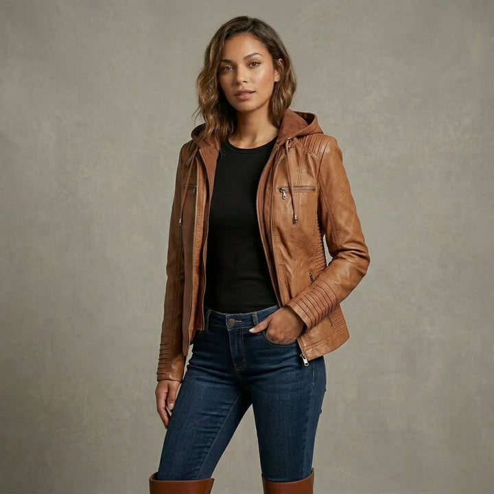 Elora™ | Hooded Vegan Leather Zip-Front Moto Jacket