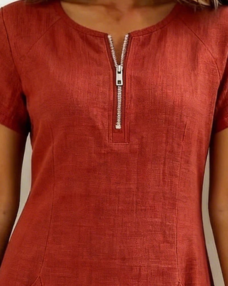 Ella™ | Short Sleeve A-Line Round Neck Zip Pocket Dress