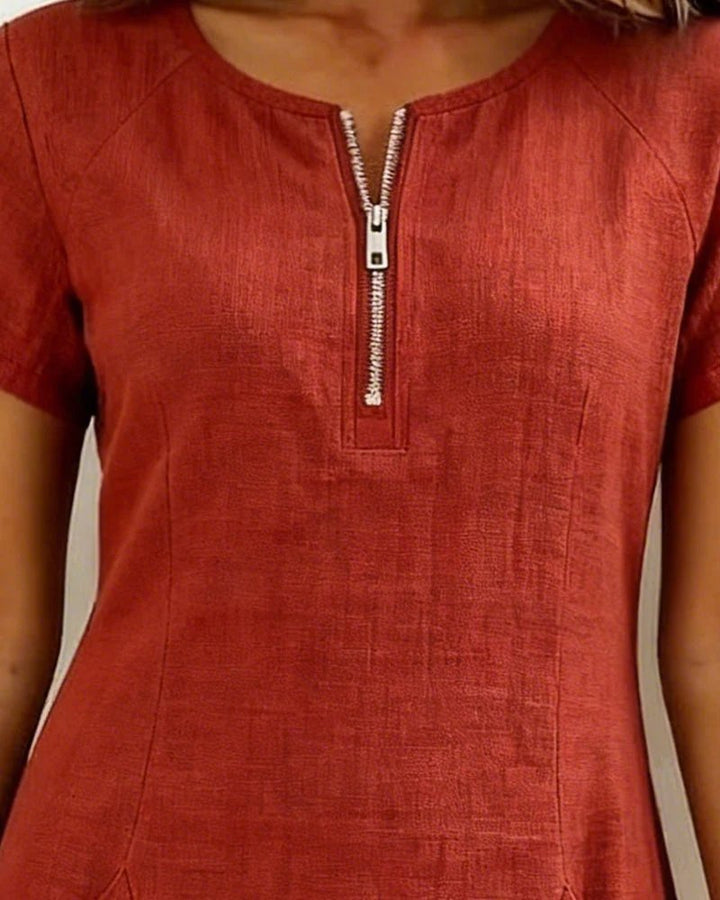 Ella™ | Short Sleeve A-Line Round Neck Zip Pocket Dress