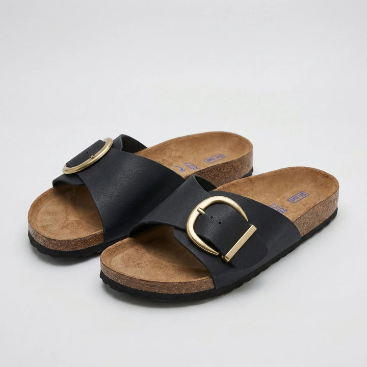 Evangeline™ | Cork-Sole Buckle Slide Sandals