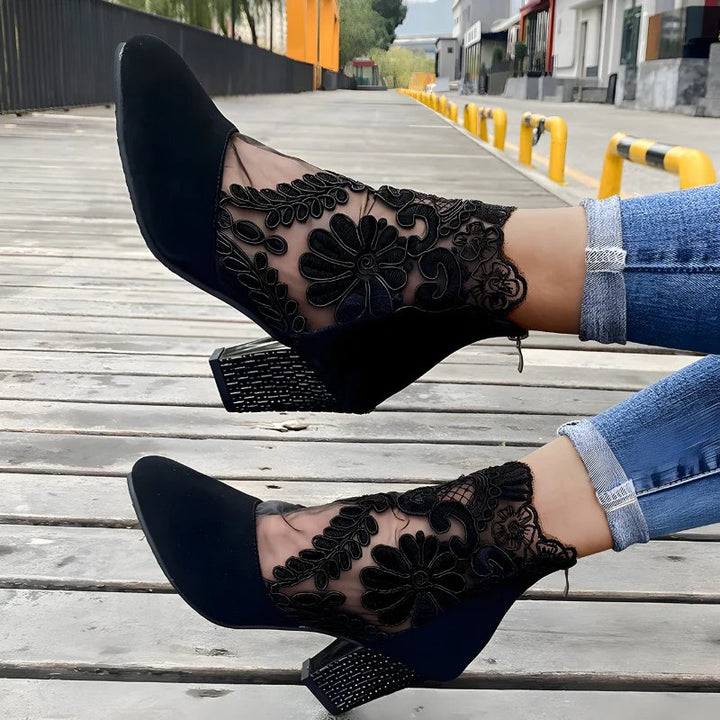 Charlotte™ | Embroidered Mesh Block Heel Ankle Boots