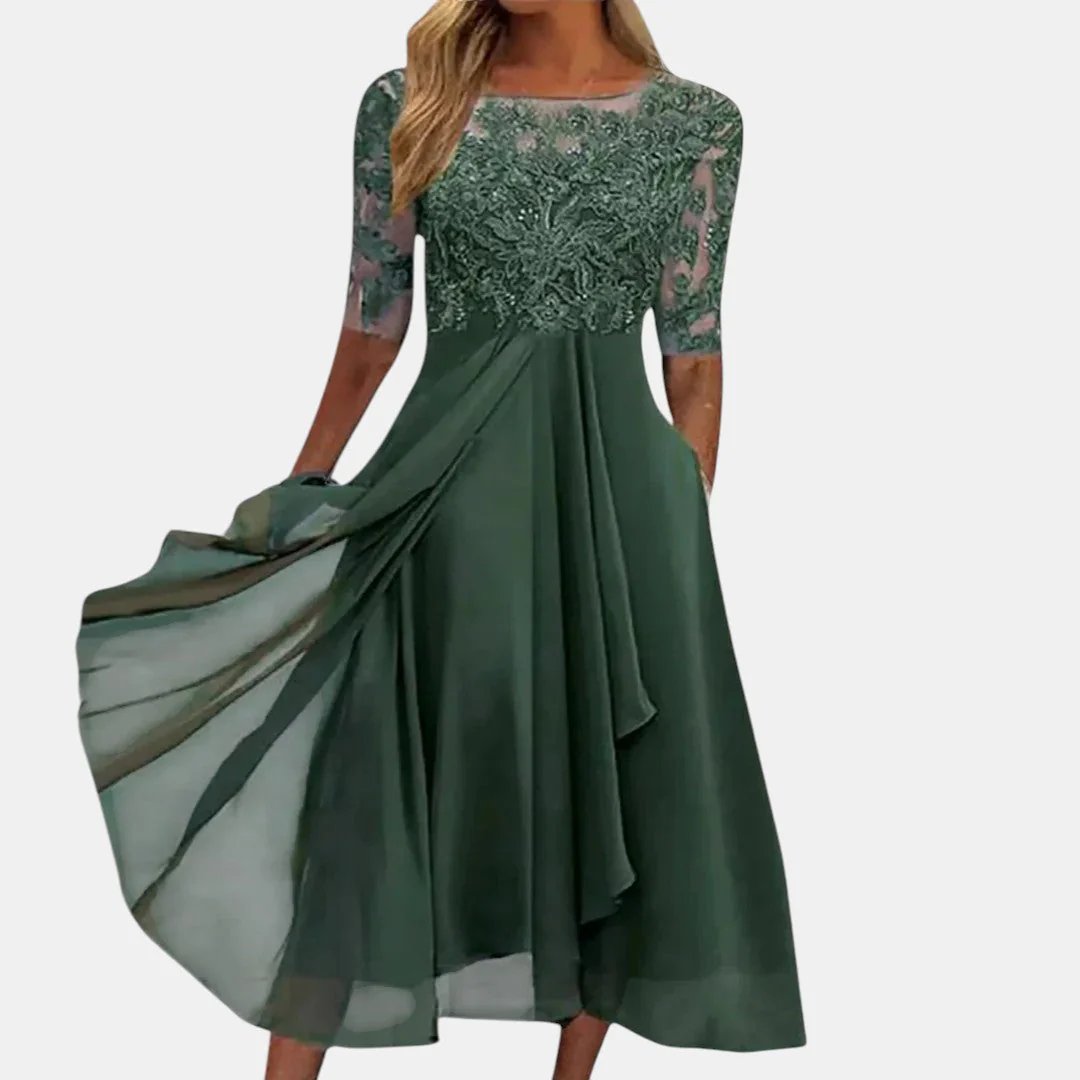 Isabella™ | Structured Lace Overlay Midi Dress