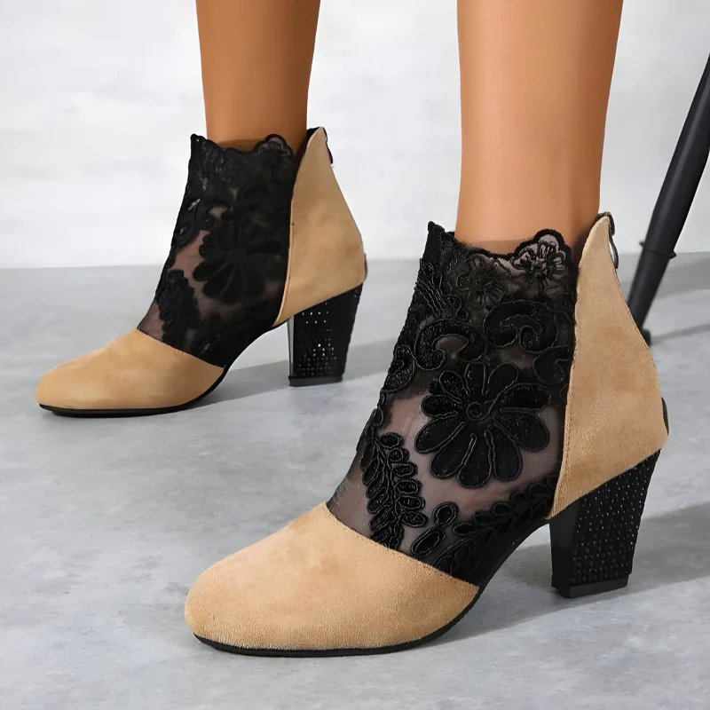 Charlotte™ | Embroidered Mesh Block Heel Ankle Boots