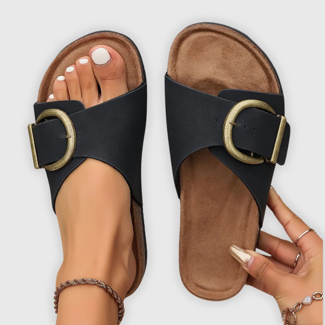 Evangeline™ | Cork-Sole Buckle Slide Sandals