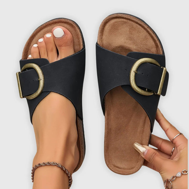 Evangeline™ | Cork-Sole Buckle Slide Sandals