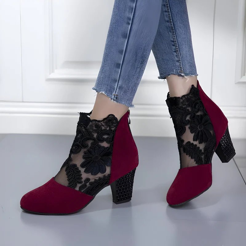 Charlotte™ | Embroidered Mesh Block Heel Ankle Boots