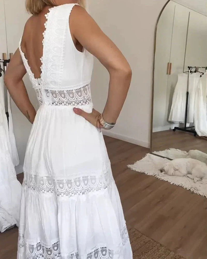Athena™ | Elegant V-Neck Lace Inset Maxi Dress