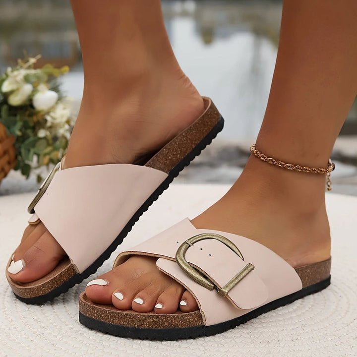 Evangeline™ | Cork-Sole Buckle Slide Sandals