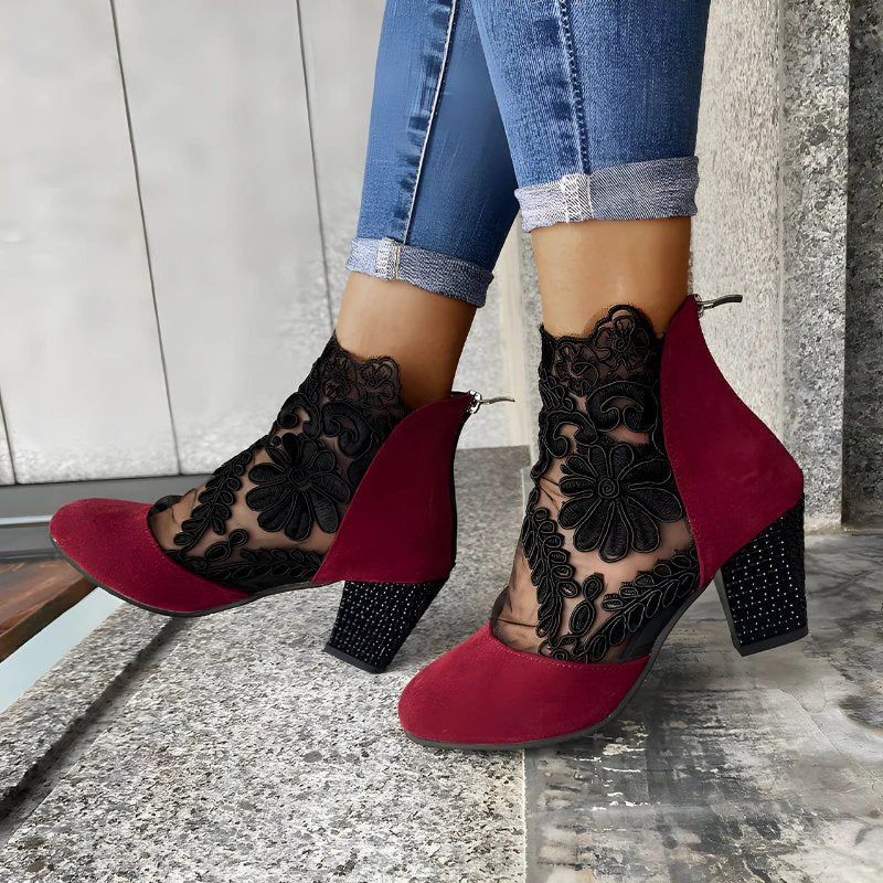 Charlotte™ | Embroidered Mesh Block Heel Ankle Boots