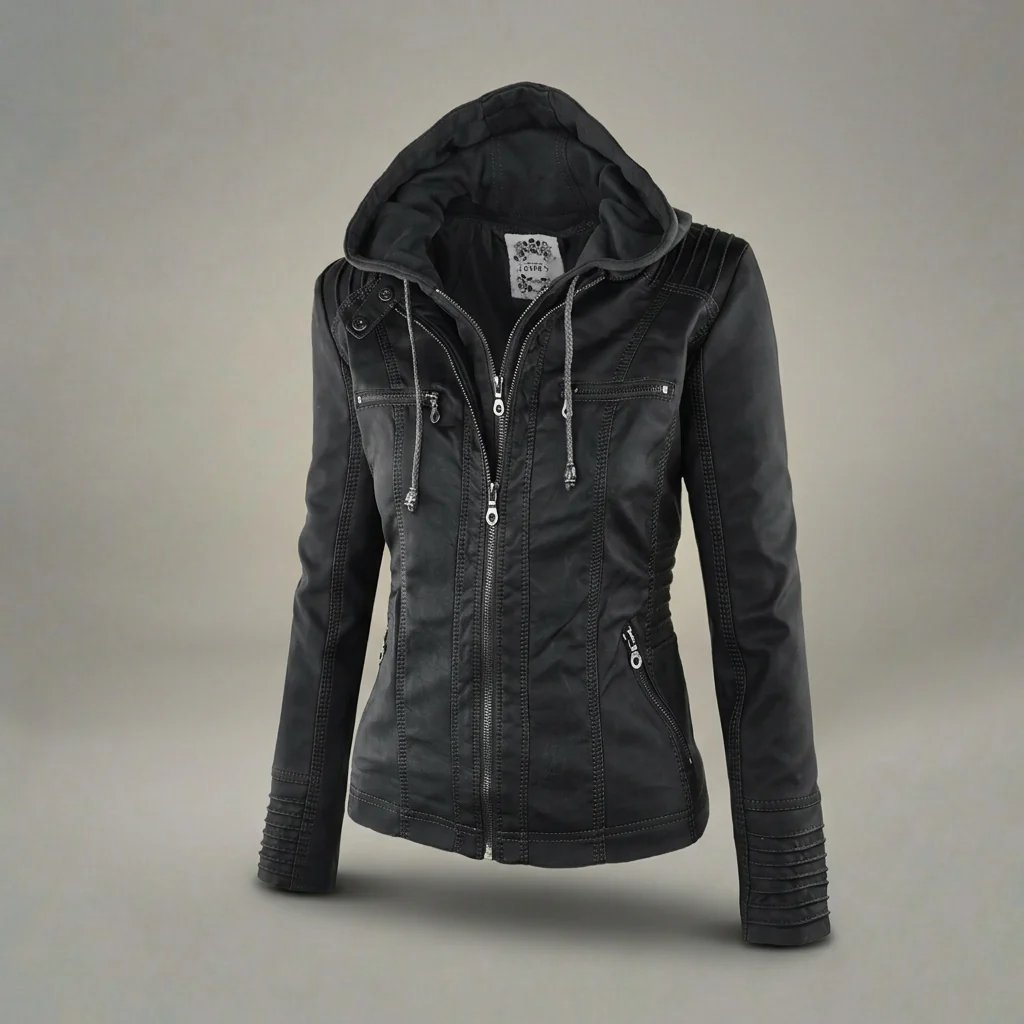 Elora™ | Hooded Vegan Leather Zip-Front Moto Jacket